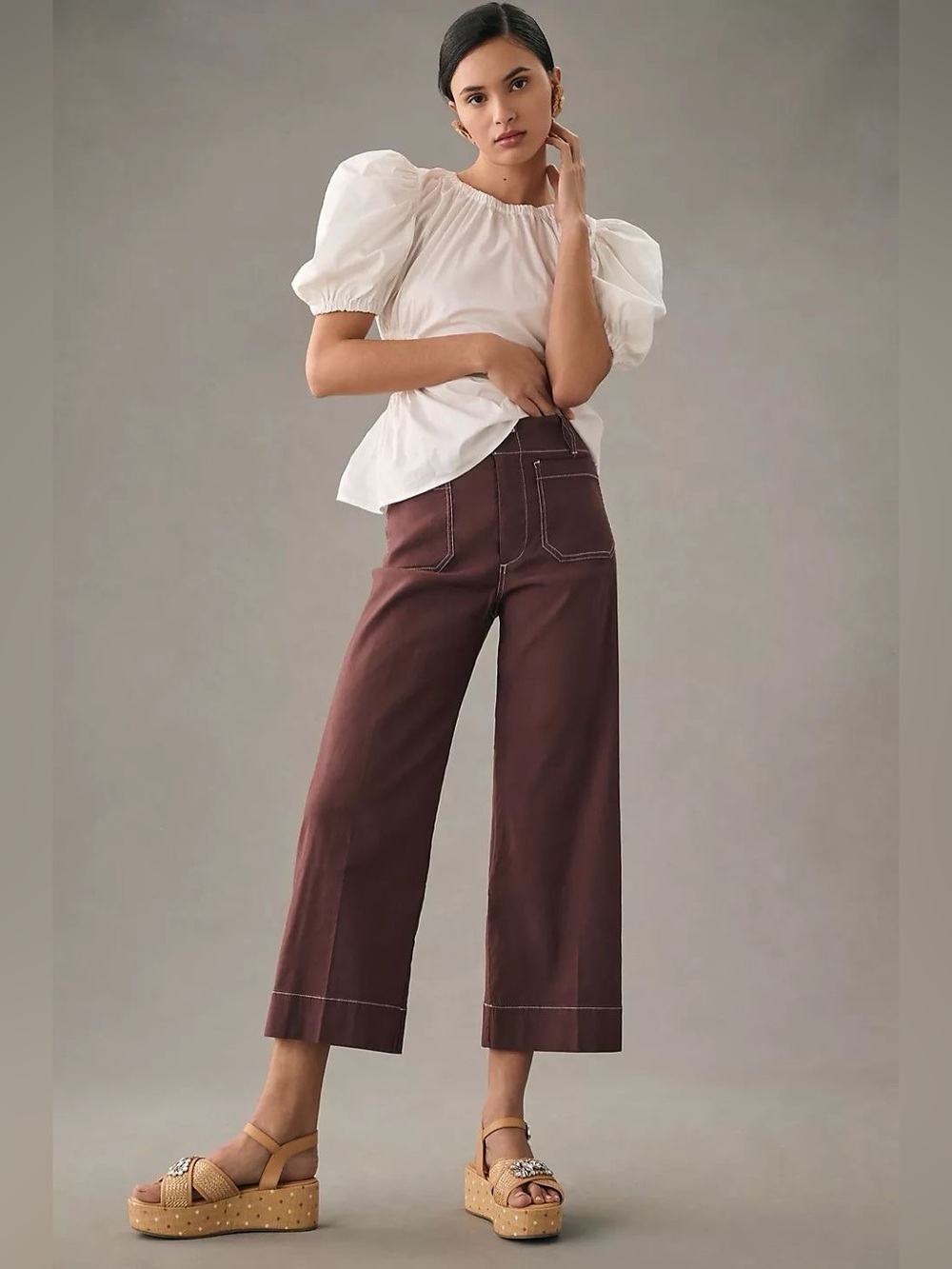 Anthropologie Colette Crop Wide Leg High-Waisted Wide Leg Pants in Brown